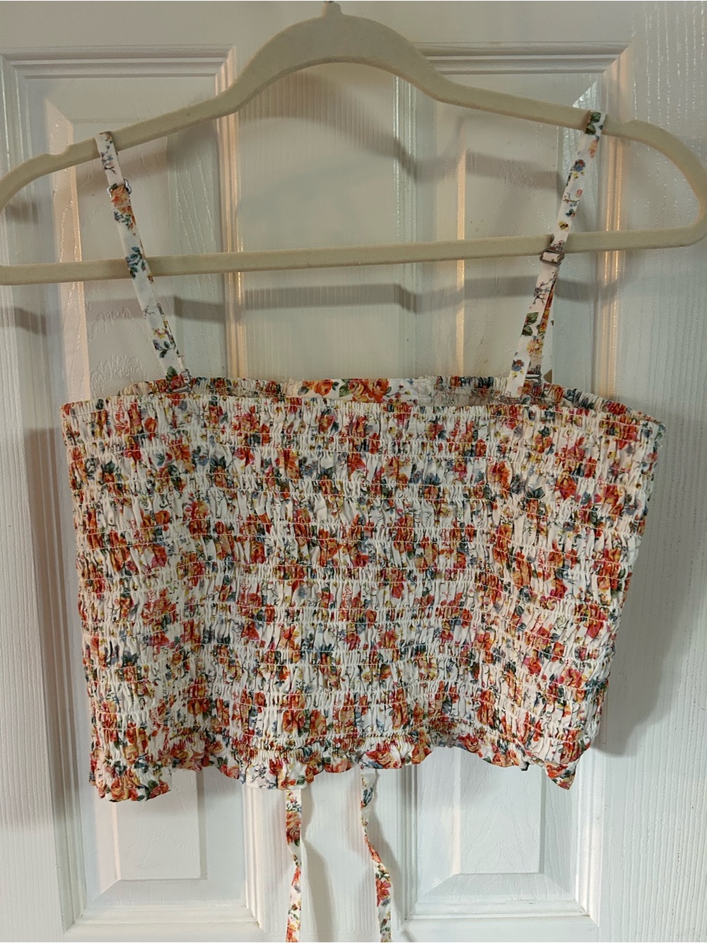 American Eagle Outfitters White Floral Smocked Lace-Up Crop Cami - Picture 2 of 4